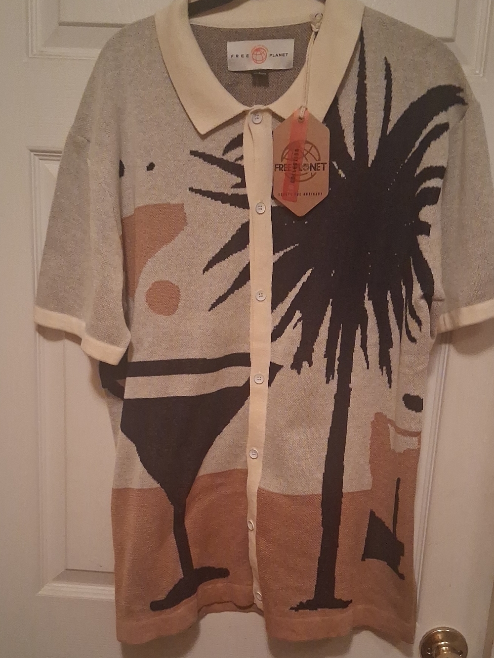 Free Planet Palm Tree Knit Button Polo in Beige Black Tan L